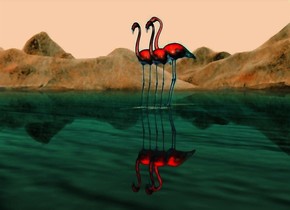 ground is shiny petrol blue .sky is petrol blue.sun is petrol blue.a 1st 100 inch tall flamingo.a red light is 200 inch above the 1st flamingo.a 2nd 100 inch tall flamingo is -40 inch right of the 1st flamingo.a 3rd 120 inch tall flamingo is -130 inch in front of the 2nd flamingo.the 3rd flamingo is facing southwest.
