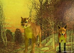 Sun's altitude is 20 degrees.
Sun's azimuth is 90 degrees.
Camera light is black. Ambient light is yellow. Invisible shadow plane.

70% dark [artwork] backdrop.
A cougar faces south. A fox is 1.2 feet east of him.