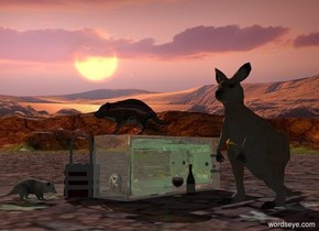 3d ground. A kangaroo is 2 feet right of a shiny beige bath. The bath leans 90 degrees to the left. Camera light is black. An orange light is 20 feet above and 200 feet left of the kangaroo. A dim green light is -2 feet above the bath. Azimuth of the sun is 300 degrees. A 20% shiny Tasmanian devil is on and -2 feet in front of the bath. It faces southwest. A bottle is right of the bath. A glass is 4 inch in front of the bottle. A possum is left of and 1 foot in front of the bath. It faces the kangaroo. A bucket is left of and -6 inch in front of the bath.