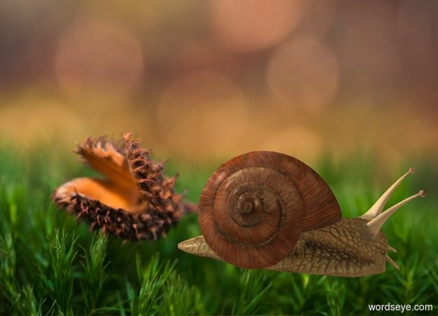 Input text: [moss] backdrop. The snail is facing east. Camera light is black. Ambient light is tan.