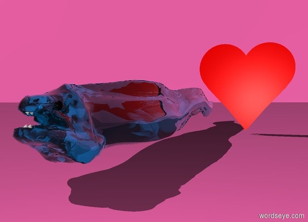 Input text: There is a clear cyan eel. The sky is hot pink. The ground is hot pink. There is a very small heart that is 1 centimeter to the right of the eel.
