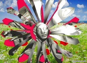 a silver flower leans 90 degrees to the front. backdrop is [flower]. the flower's center is silver. sky is fuschia pink. a head faces back. it is 1 feet in front of and -1 foot beneath the flower. it is noon.
