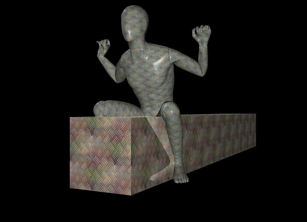 Input text: a 200 inch tall and 200 inch wide and 1500 inch deep  shiny cube..sky is black.the cube is 150 inch wide [steel]..a 550 inch tall  [steel] mannequin is -400 inch   in front of the cube.ground is black.
