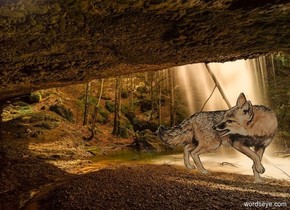 [waterfall] backdrop. The fox is facing north. Camera light is black. Ambient light is tan.