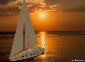 Sun's altitude is 20 degrees.
Sun's azimuth is -90 degrees.
Ambient light is tan. Camera light is black.

[sunset] backdrop. [bird] sky.

A boat faces south.