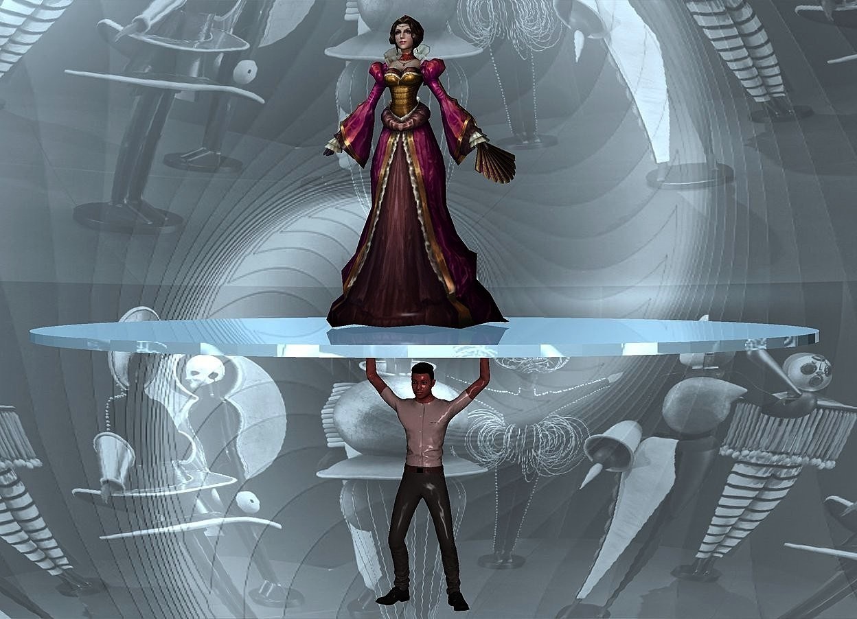 Input text: a 1st 100 inch tall maroon man.backdrop is shiny  [dr].sky  is  [os2].sky is 2000 feet tall.a 3 inch tall and 270 inch wide and 270 inch deep shiny igloo blue disk is above the 1st man.a 110 inch tall woman is above the disk.sun is igloo blue.