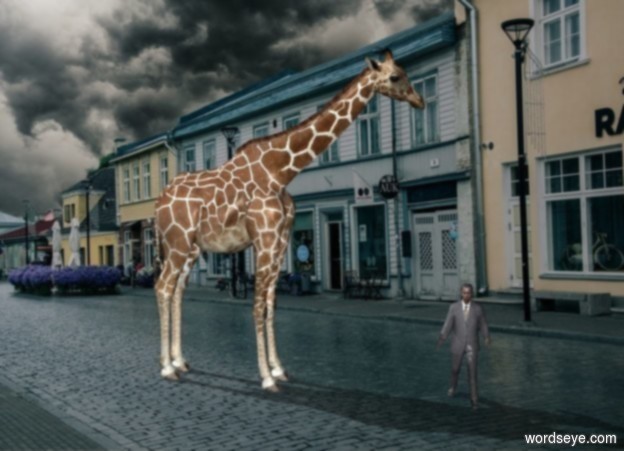 Input text: A giraffe looks at a man.