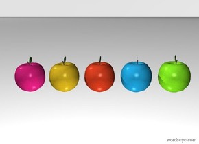 ground is white.
sky is white.

1st apple is pale hot pink .

2nd apple is marmalade.
2nd apple is 0.5 inches right of the 1st apple.

3rd apple is apricot.
3rd apple is 0.5 inches right of the 2nd apple.

4th apple is sky blue.
4th apple is 0.5 inches right of the 3rd apple.

5th apple is  lawn green .
5th apple is 0.5 inches right of the 4rd apple.

light is two feet under the 3rd apple.

