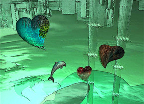1st shiny terracotta heart faces southeast. it is 4 feet above the ground. it leans back. camera light is black. a 2nd 5 feet tall and 5 feet long [forest] heart is 3.5 feet right of and -1 feet above the  1st heart. it faces southeast. it leans 26 degrees to the back. ground is shiny silver green.  sun is green turquoise. a dim aqua light is behind and -3 feet above the 2nd heart. a small dolphin is -4 feet behind and -7 feet right of and -7 feet above the 2nd heart. a cyan light is on the dolphin. a dim aquamarine light is below the dolphin. a 3rd 3 feet tall [smoke] heart is .5 feet above and -4.5 feet right of the 1st heart. it leans 73 degrees to the front. a pepper gray light is on the 3rd heart.