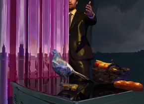 A shiny marble bird is on a shiny black table. Black backdrop. A 30% dark shiny purple curtain is left of the table. A small basket is -4 inch behind and right of the bird. A small gun is 2 inch right of and -3 inch in front of the bird. It faces southeast. It leans 90 degrees to the left. A small bread is right of and -10 inch behind the basket. Camera light is brown. A lemon light is 2 feet right of and above the curtain. A navy light is 8 feet right of and in front of the table. A clear wall is left of and behind the curtain. A man is behind the curtain. Sun is silver.