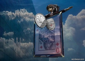 A huge shiny card is in front of and -2 feet left of a small woman. Pattern backdrop. Camera light is black. 2 lights are above and right of the woman. Sky is cloud. A large flying coin is -6 inch above and in front of the card. It faces east. Backdrop is 10% shiny. Sun is cream.