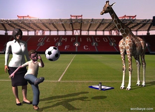 Input text: A boy is in front of a woman. He leans 5 degrees to the back. A light is 8 feet above and 10 feet left of and in front of the boy. Stadium backdrop. Camera light is black. A ball is right of and -1 foot above the boy. A small giraffe is 6 feet right of and in front of the woman. It faces west. Sun is pink. A large navy clipboard is -3 feet left of and -4 feet in front of the giraffe. Azimuth of the sun is 270 degrees. A water bottle is -6 inch in front of and left of the clipboard.