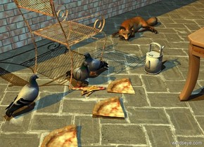 Food is 1 feet in front of and 3 foot left of the fox. It is on the ground.  Food is left of and behind the food. Large food is -8 inch right of and -5 inch behind the food. It is facing southwest. A pigeon is -.5 feet north of it. A pigeon is 0 foot east of him. He faces west. A pigeon is 1.5 feet west of him. He faces east. A pizza is 1 feet south of him. A pizza is .5 foot east of it. A shiny [metal] chair is 2 feet left of and -1 foot in front of the fox. It is facing the fox. It is on the ground. Camera light is black. The sun is orange.  A sky blue light is 5 feet above the food.

A [brick] wall is 2 foot north of the chair. The fox faces west. A table is 3 foot south of him and -5 foot east of him. A watering can is 1.5 feet south of him and 0.5 feet west of him. 