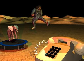 the man is above and -5 feet to the left of the tan phone. the phone is 5 feet tall. the man is facing right. the man is leaning forward. the trampoline is 5 feet  to the left of the phone. the small elephant is on the trampoline. it is facing right. it is leaning back. it is night. the red light is 3 feet in front and to the left of the man. the aquamarine light is 2 feet above and 2 feet to the left of the man. the orange light is 2 feet to the right of the man. it is -2 feet above the man.