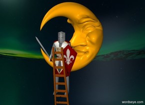 backdrop is shiny  black.a 100 inch tall orange moon.the moon is facing southwest.a 150 inch tall ladder is -60 inch right of the moon.the ladder is -200 inch above the moon.the ladder is in front of the moon. A knight is -5 feet above it. sky is 3000 feet tall.