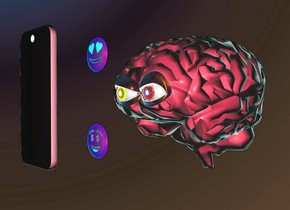 a 100 inch tall pink brain.backdrop is forget me not blue.a 1st 20 inch tall blue eye is in front of the brain.the 1st eye is -50 inch above the brain.a 2nd 20 inch tall eye is right of the 1st eye.a 70 inch tall pink cell phone is 60 inch in front of the brain.the cell phone is facing the brain.the cell phone is -80 inch above the brain.a 1st 20 inch tall emoji is -40 inch in front of the cell phone.a 2nd 20 inch tall emoji is 30 inch above the 1st emoji.