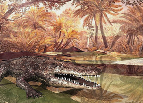 backdrop is shiny [forest].ground is visible.ground is 3500 inch wide [forest].ground is shiny.a 120 inch tall  shiny orange
 crocodile is on the ground.