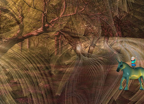 a shiny [forest] backdrop.sky is 2500 feet tall.sky is [sn1].a 50 inch tall 50% dim petrol blue unicorn.the unicorn is facing southwest.two yellow lights.a 20 inch tall elf is on the unicorn.