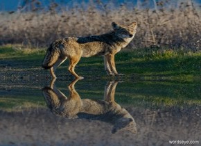 a big [coyote] wall is -1.5 feet above the 10% shiny clear [water] ground. Sun is black. Ambient light is white. Camera light is black.