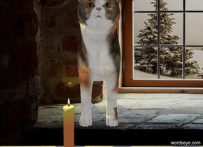 a 20 foot wide 10 foot tall [window frame] wall. A huge candle is in front of it and -6 feet west of it. A yellow light is above it. A huge cat is 0.25 feet east of the candle and -.5 feet above it. He faces  south. Sun is black. Ambient light is white. Camera light is black. 