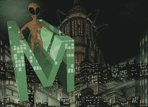 a 150 inch tall and 150 inch wide and 400 inch deep 40% dim shiny      	celadon green "M".backdrop is shiny [mp].sky is 1300 feet tall.a 160 inch tall gold  alien is -70 inch above the "M".the alien is -100 inch in front of the "M".