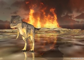 backdrop is shiny [fire].ground is visible.ground is 3500 inch wide [forest].ground is shiny.a 120 inch tall  shiny orange
 dinosaur is on the ground.
