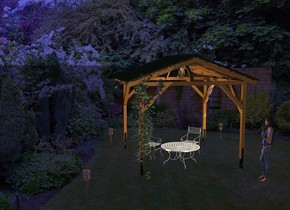 backdrop is backyard. a gazebo. a white patio table is -11 feet above and -9 feet left of the gazebo. 1st  patio chair is behind and -1 feet left of the table. it faces southeast. 2nd patio chair is behind and -1 feet right of the table. it faces southwest. a grapefruit yellow light is -4.5 feet right of and -4.5 feet above and -3 feet in front of the gazebo. camera light is dim. sun is navy. 1st ceiling light is 3 feet behind and 2 feet right of the gazebo. it is upside down. a pearl gray light is -2 inch above the ceiling light. 2nd ceiling light is 2 feet in front of and 2.4 feet left of the gazebo. it is upside down. a pearl gray light is -9 inch above the 2nd ceiling light. 3rd ceiling light is  2.8 feet behind and -1.2 feet left of the gazebo. it is upside down. a woman is 1 feet in front of and -2 feet right of the gazebo. she faces northwest. a wine glass is -1.4 feet above and -.6 feet left of and -.8 feet in front of the woman. a 1.3 feet tall owl is -2.5 feet above and -2.7 feet behind and -8.5 feet left of the gazebo